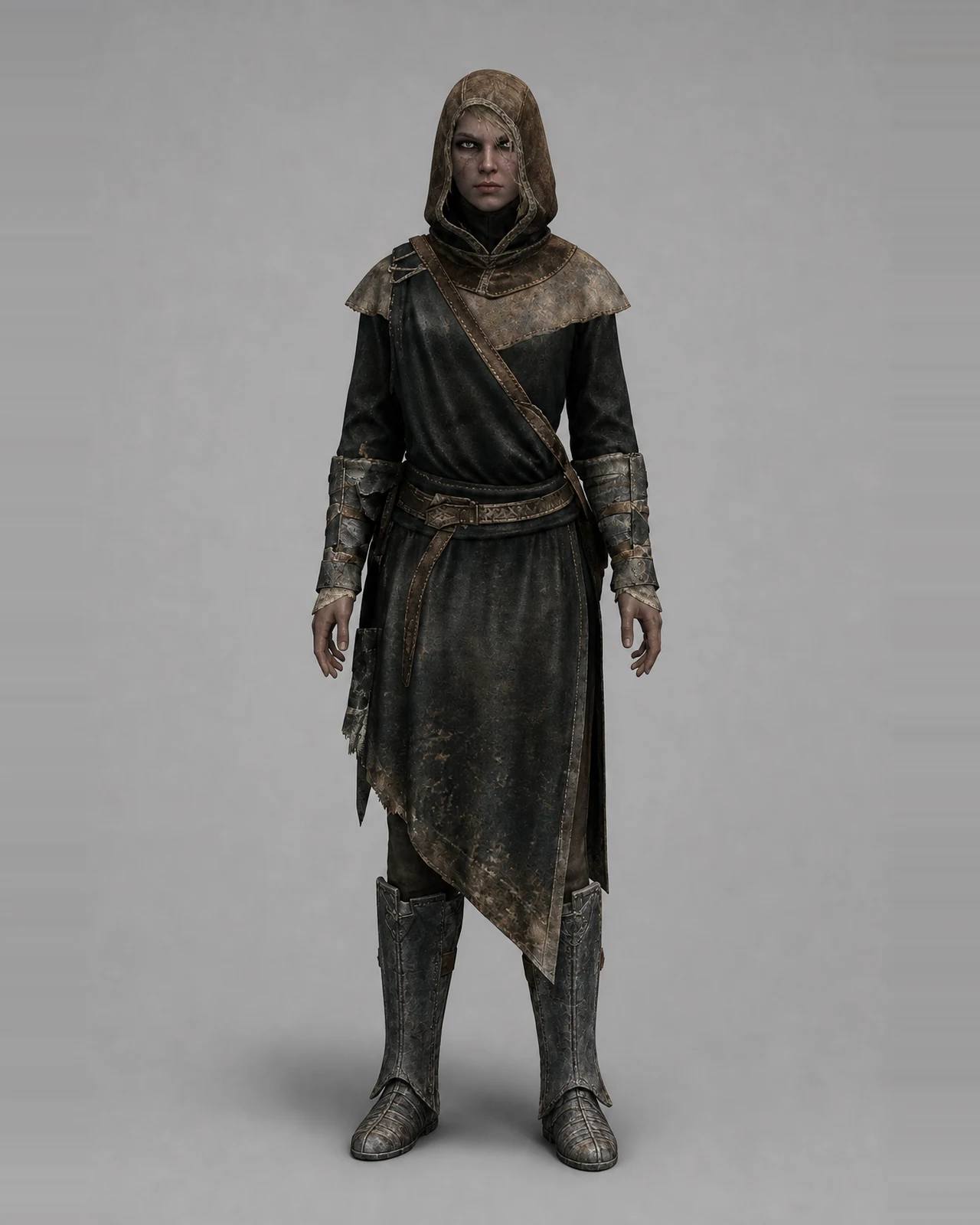 The same Breton Vigilant wearing master robes and a darker hood with steel-plated gauntlets and boots