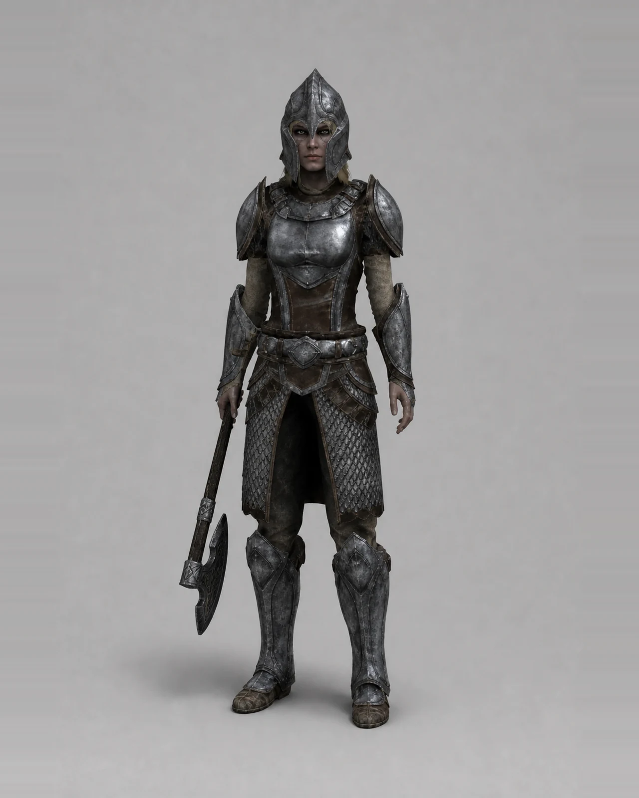 The Breton Vigilant wearing complete engraved heavy armor and carrying a Dawnguard Rune Axe