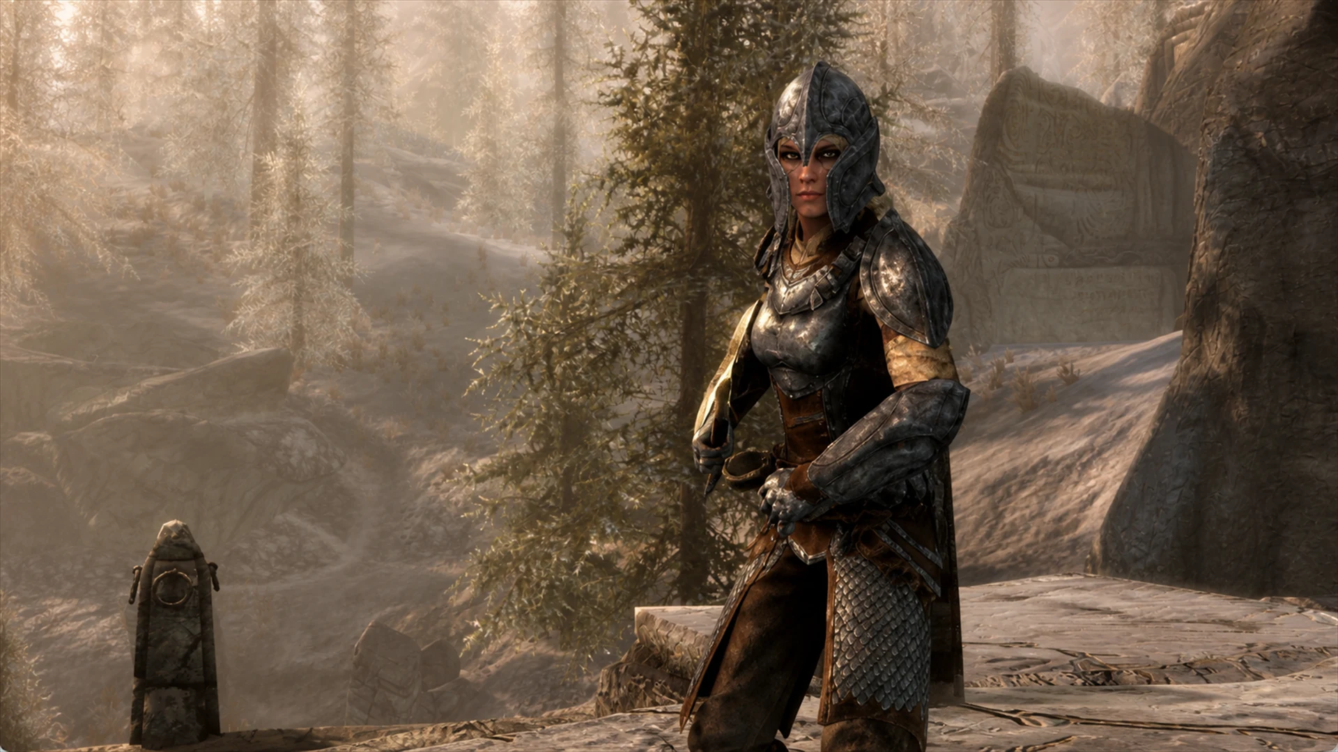 A Breton Vigilant in engraved heavy armor standing among the snowy stones of Kilkreath