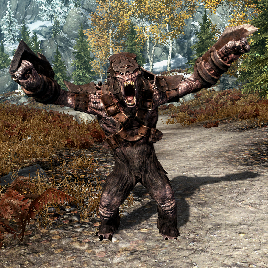 An armored troll fitted with a Dawnguard headpiece and harness
