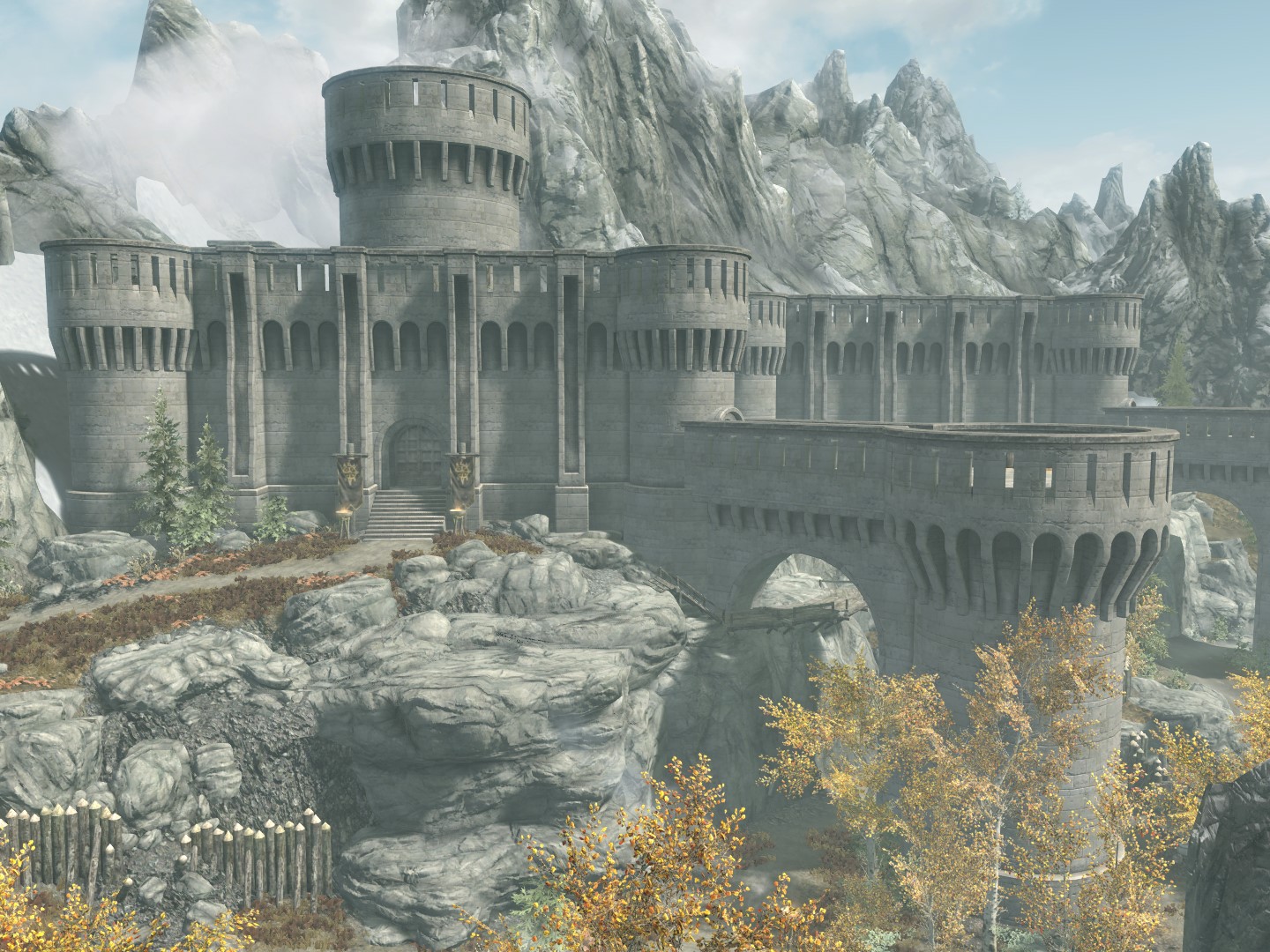The stone entrance and sunlit courtyard of Fort Dawnguard