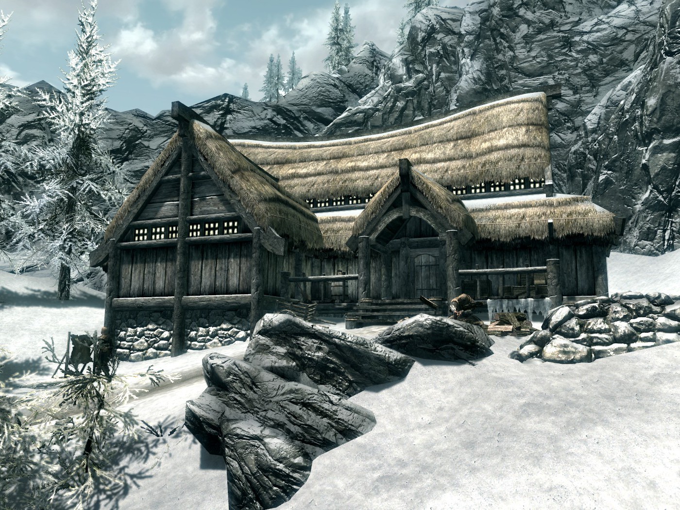 The timber Hall of the Vigilant beneath the mountains of the Pale