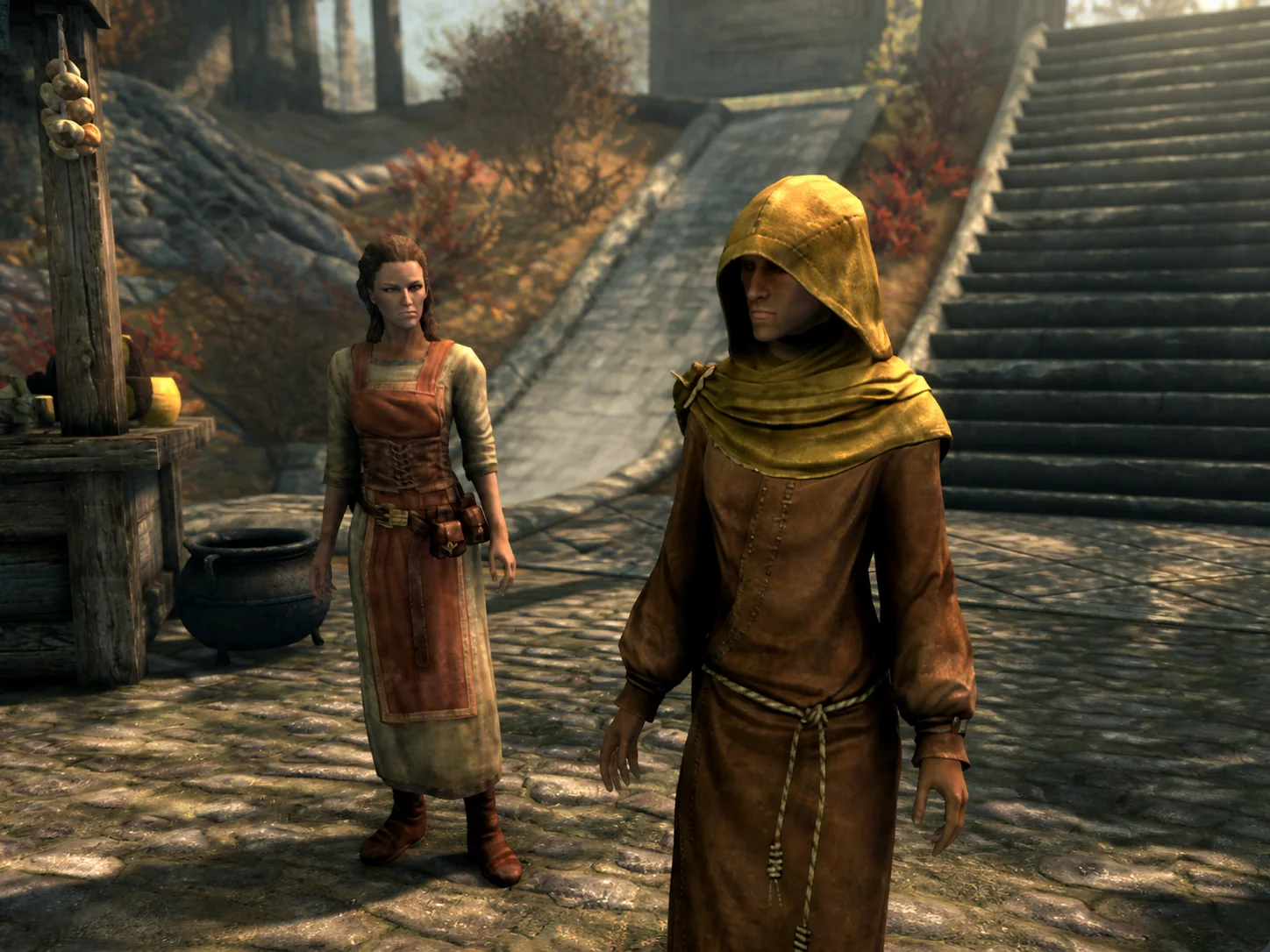 The hooded pilgrim standing with a Whiterun market trader beneath the steps of Dragonsreach