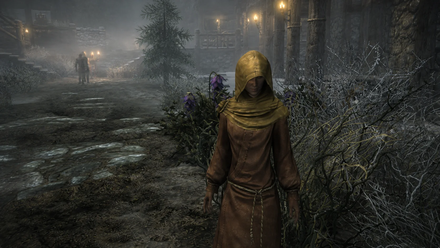 The hooded pilgrim watching over Morthal's winter streets beside a cluster of mountain flowers
