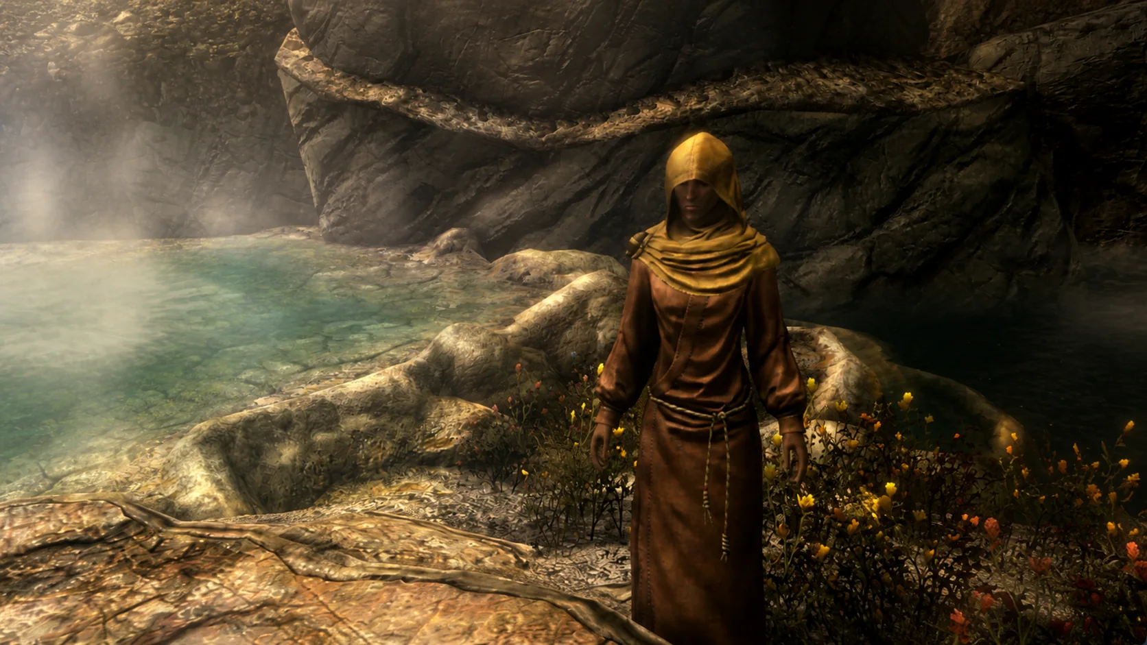 The hooded pilgrim standing among luminous water, roots, and flowers during a first communion with Ancestor Glade