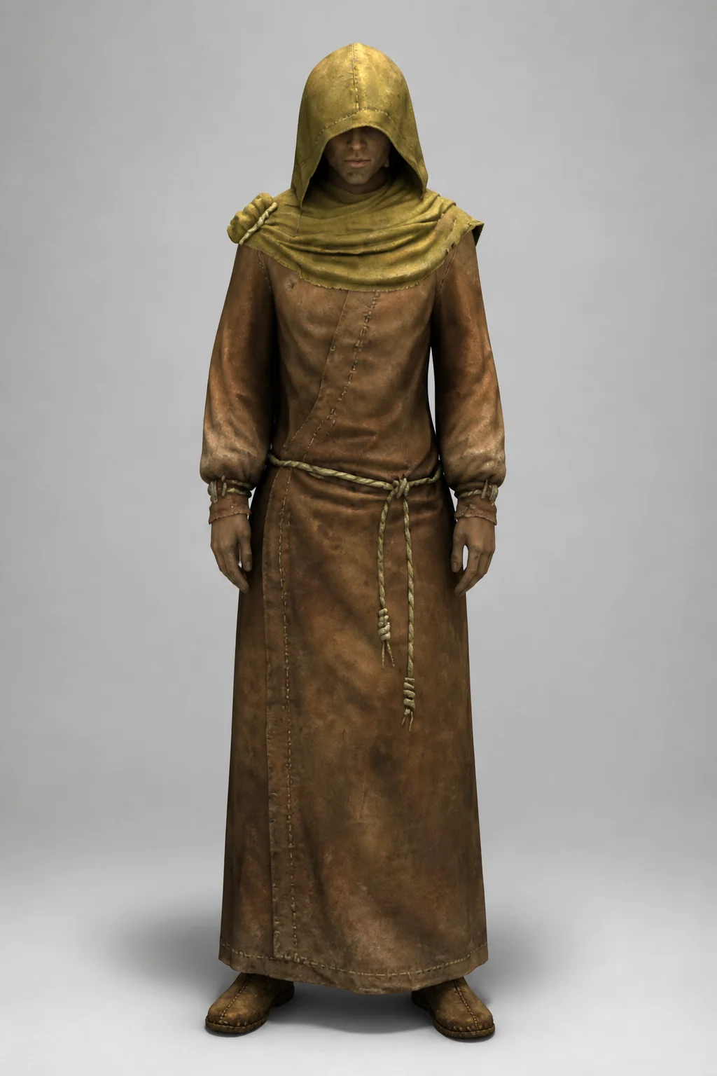 A hooded Bosmer pilgrim wearing weathered brown monk robes against a neutral background
