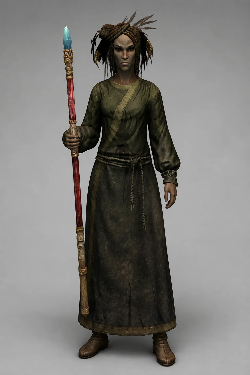 A mature Bosmer druid wearing green robes and holding a crystal-tipped staff against a neutral background