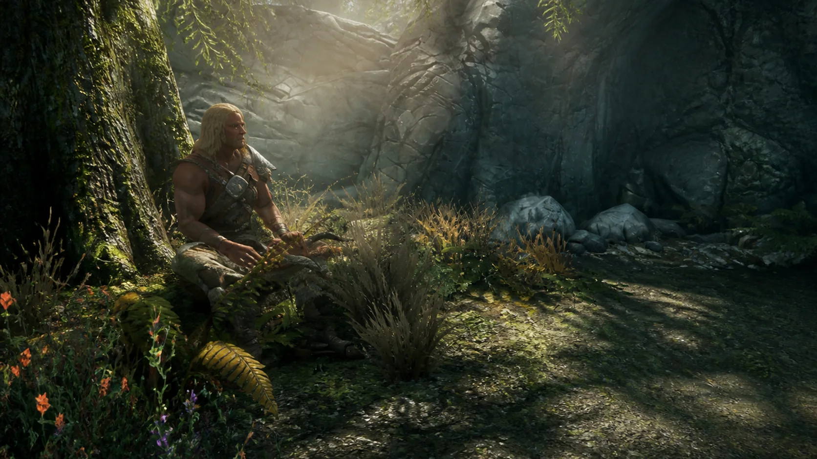 A hunter resting beneath a moss-covered tree in the green shelter of Moss Mother Cavern