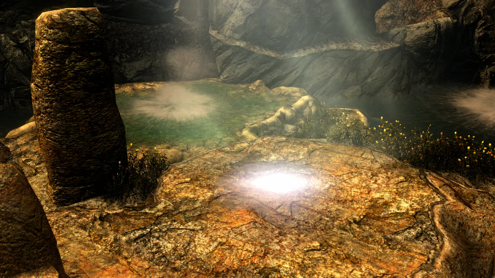 Luminous water, flowers, and shafts of light surrounding an ancient standing stone in Ancestor Glade