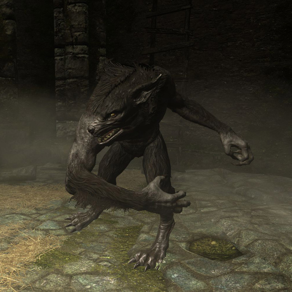 A werewolf crouching in a stone ruin